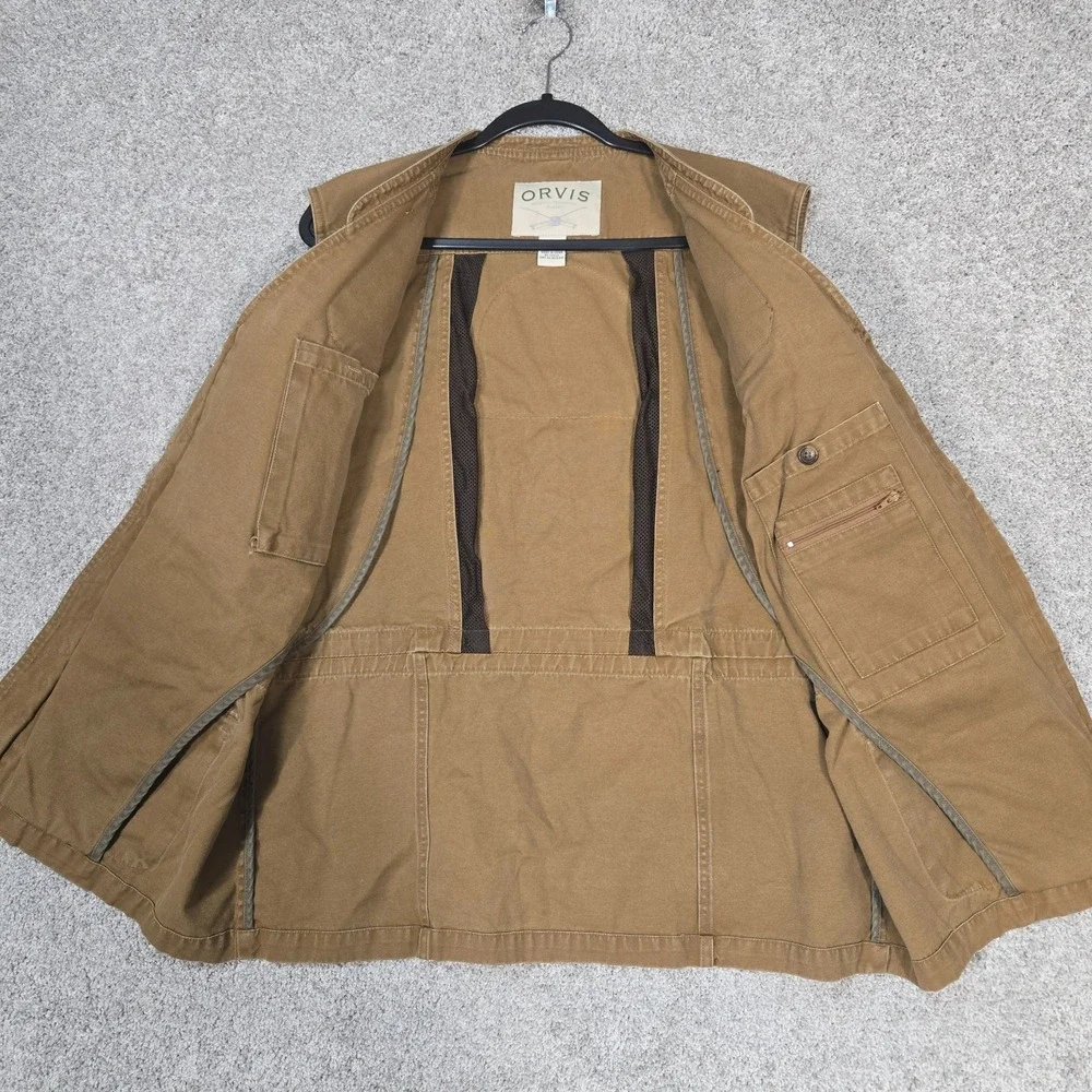 ORVIS canvas zip up vest mens Large North American Hunting deerskin patches